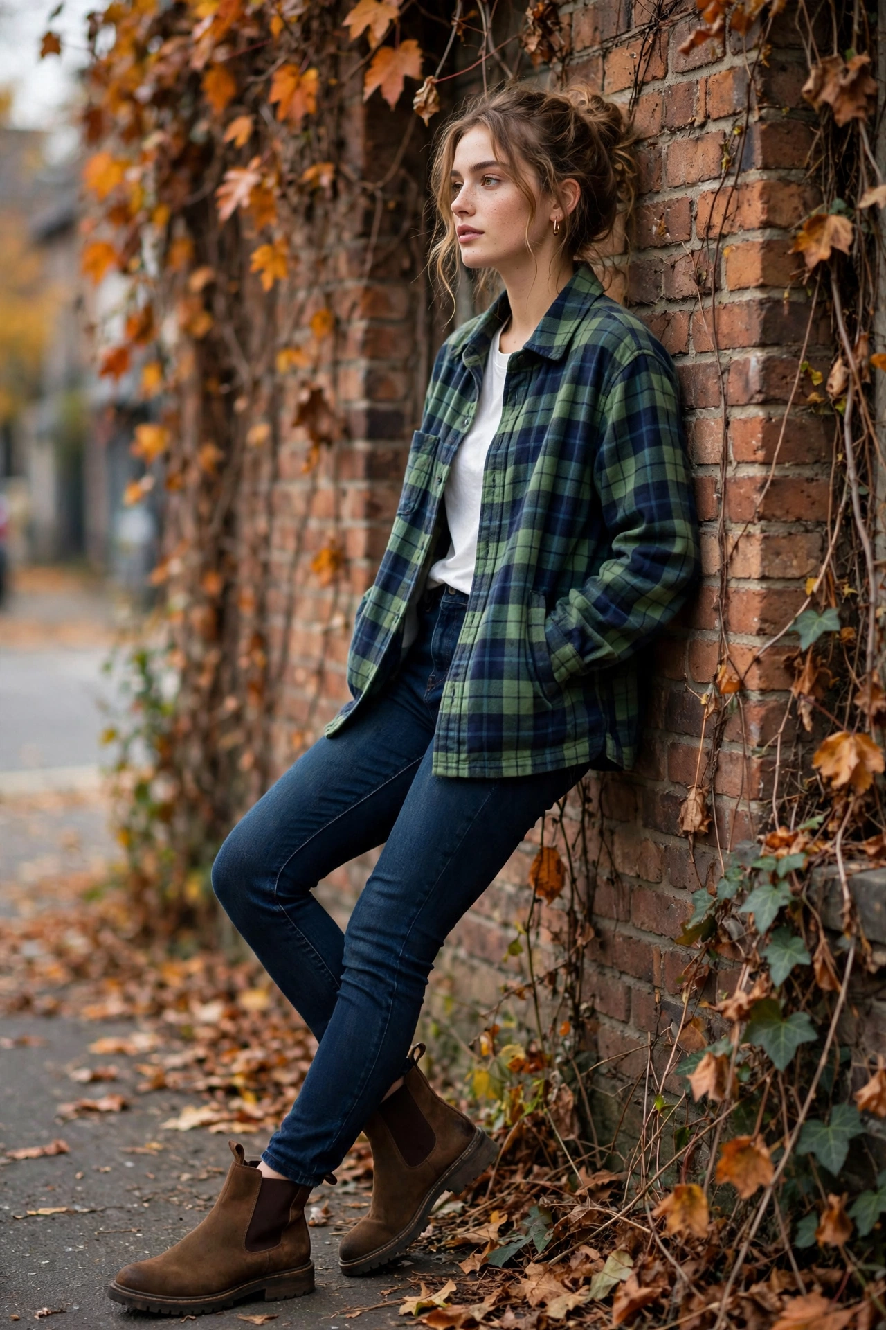 Woman in a gingham check shirt with white jeans and sneakers