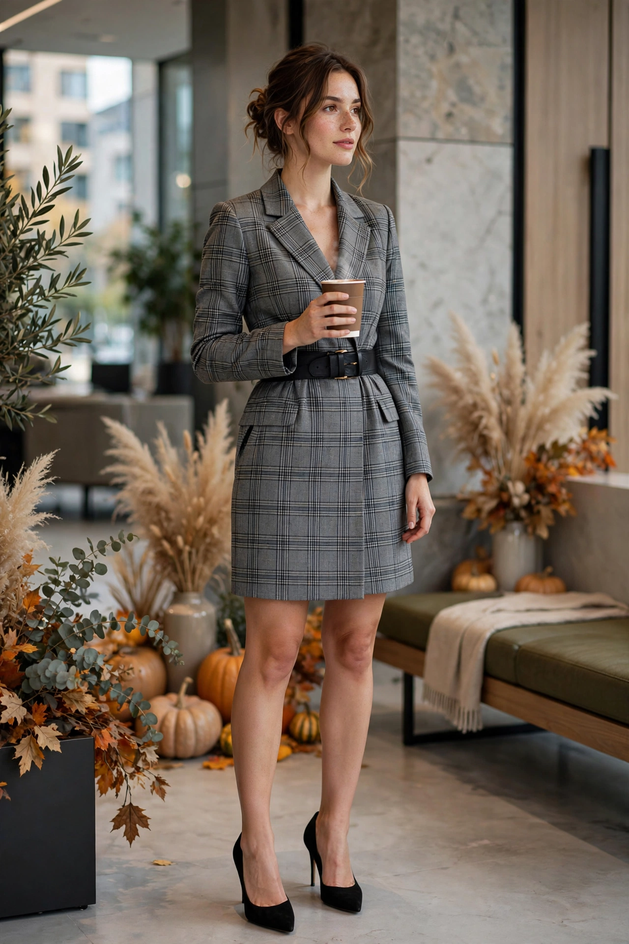 Woman wearing a plaid shacket with black leggings and sneakers