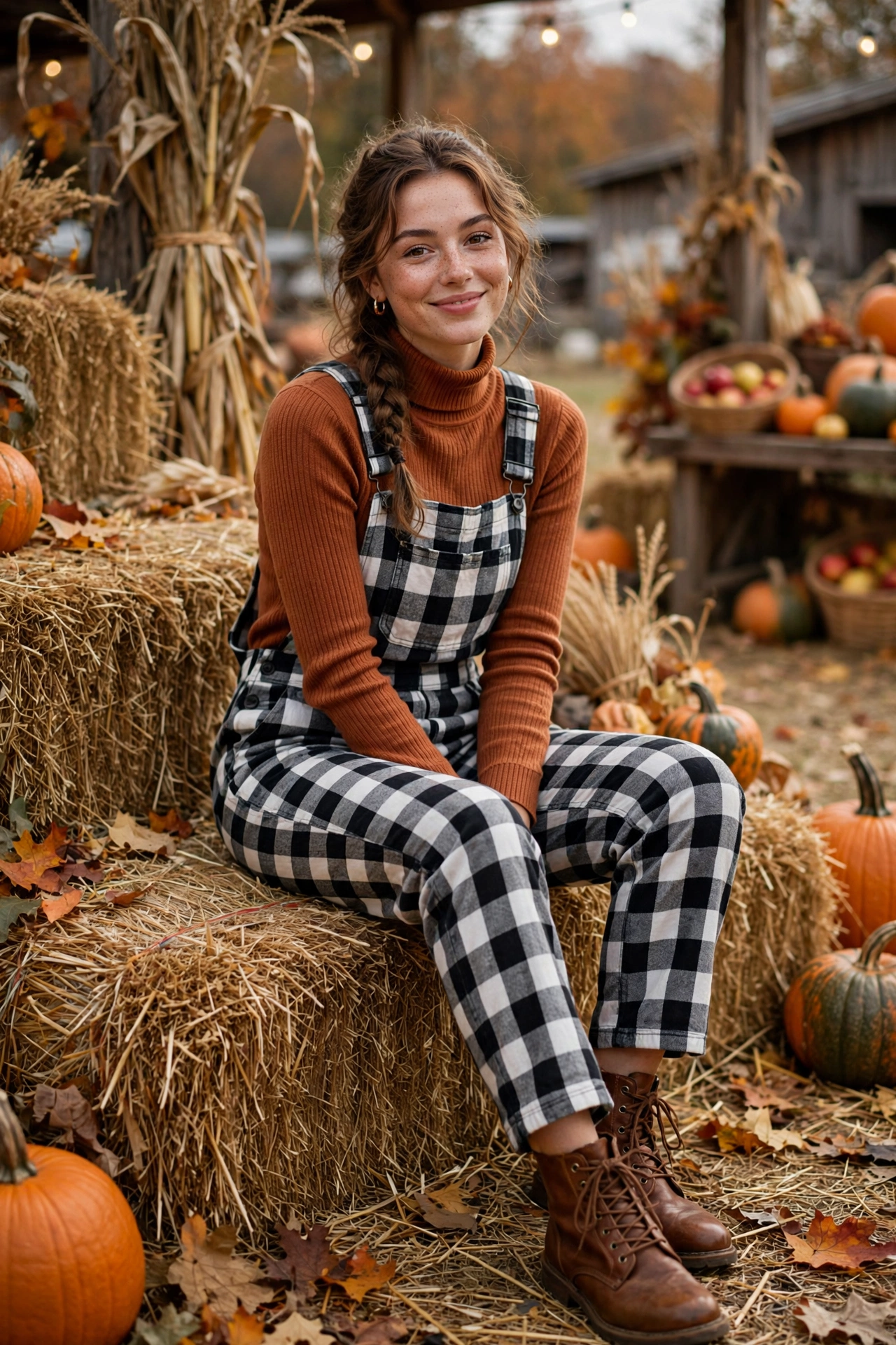 Woman wearing a plaid maxi skirt with an oversized sweater and boots