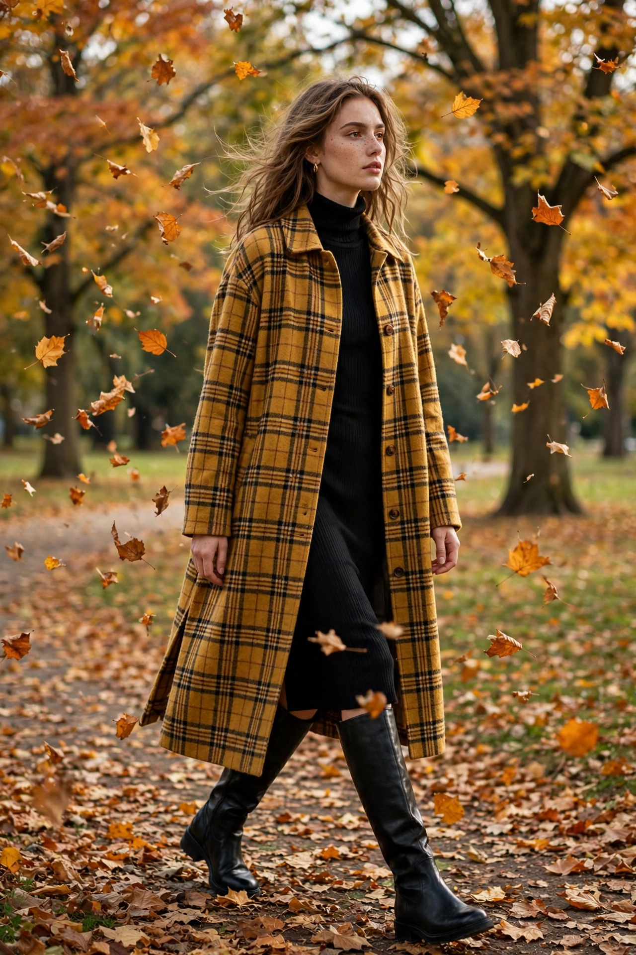 Woman in a buffalo check coat with jeans and ankle boots