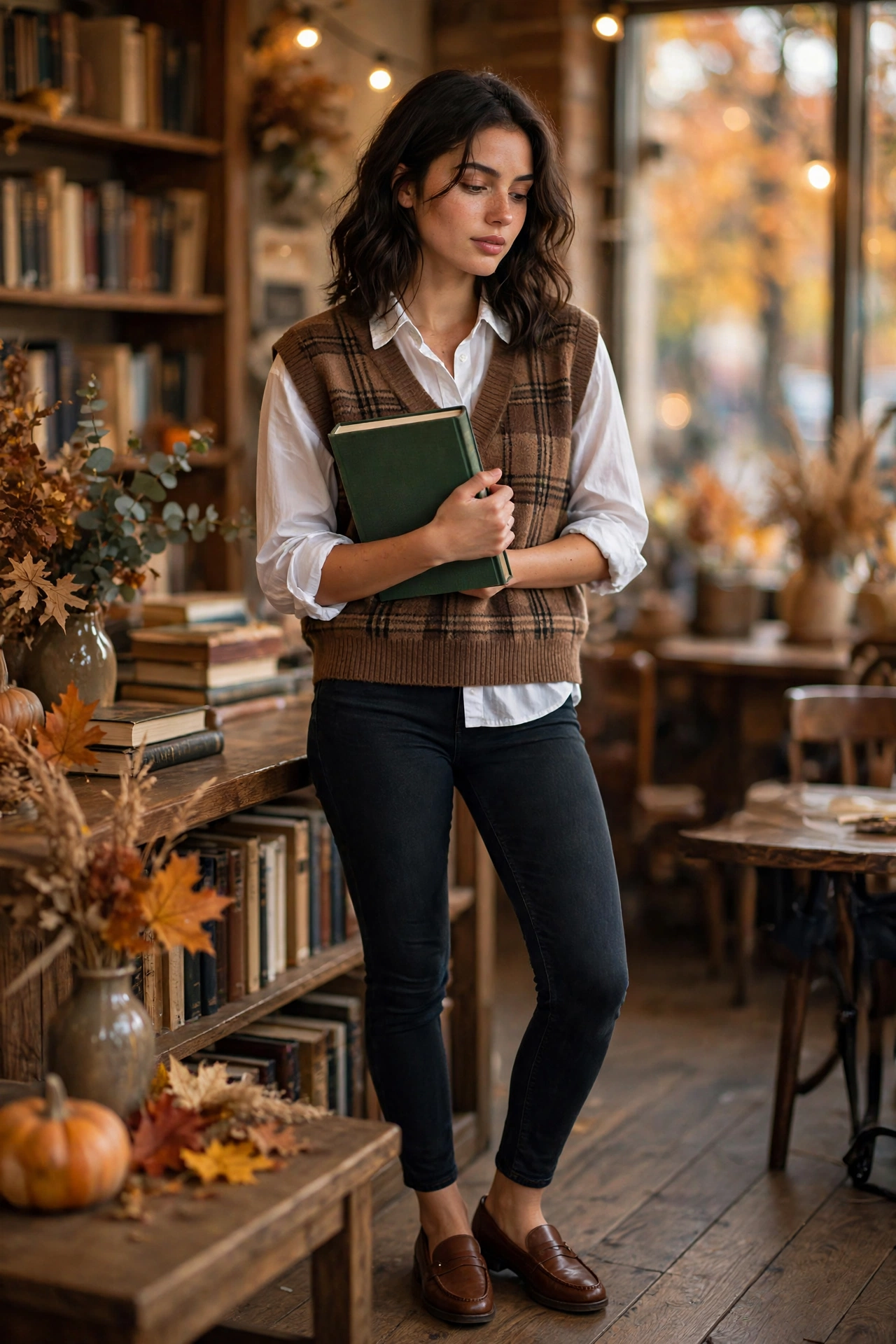 Woman in plaid overalls with a striped long-sleeve tee and sneakers