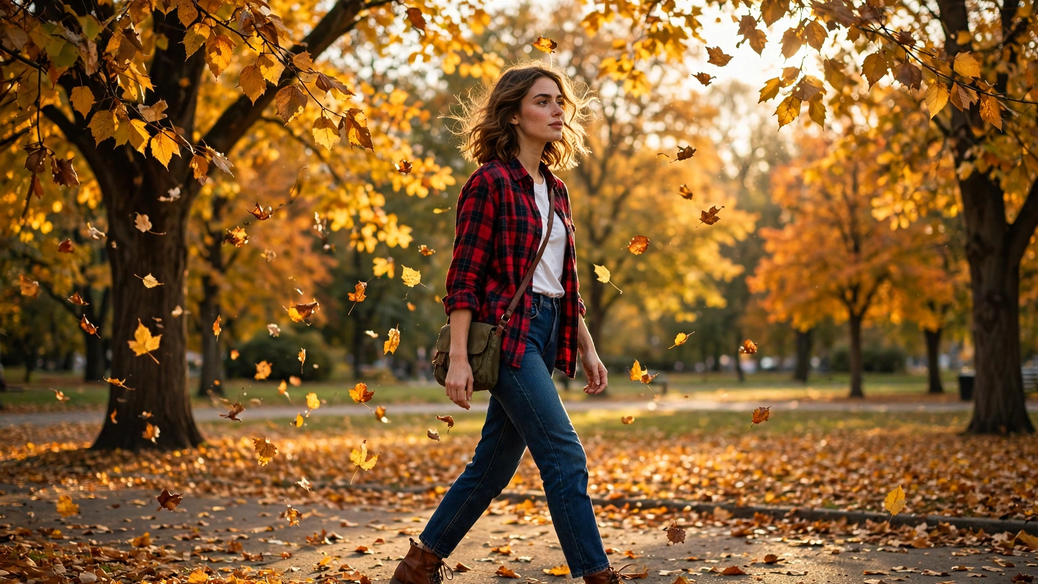 Woman wearing a plaid flannel shirt with jeans and boots in autumn