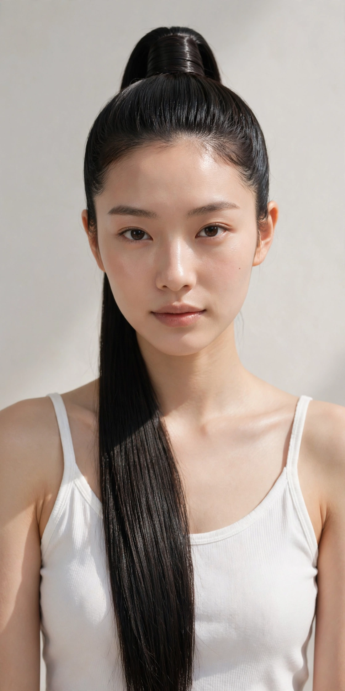 Woman with a sleek high ponytail with a wrapped base, one of the best ponytail hairstyle ideas