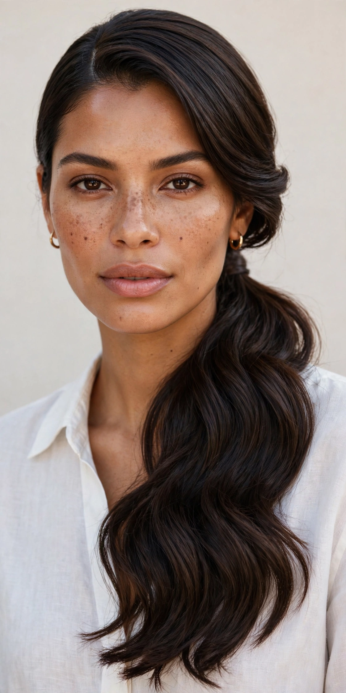 Elegant low side ponytail with a deep side part, a polished ponytail hairstyle idea
