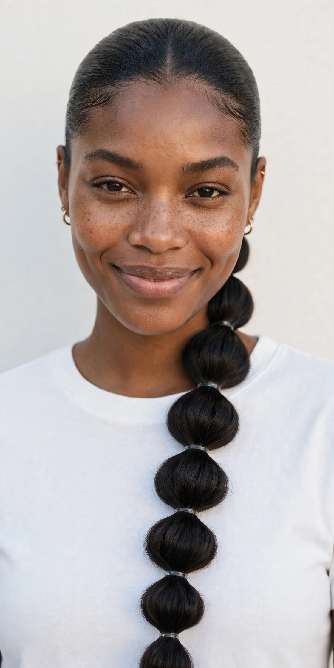 Playful bubble ponytail with evenly spaced sections, a trendy ponytail hairstyle idea