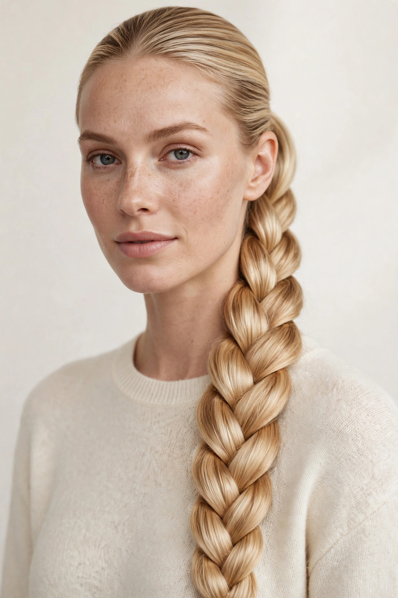 Long classic braided ponytail, a timeless polished ponytail hairstyle idea