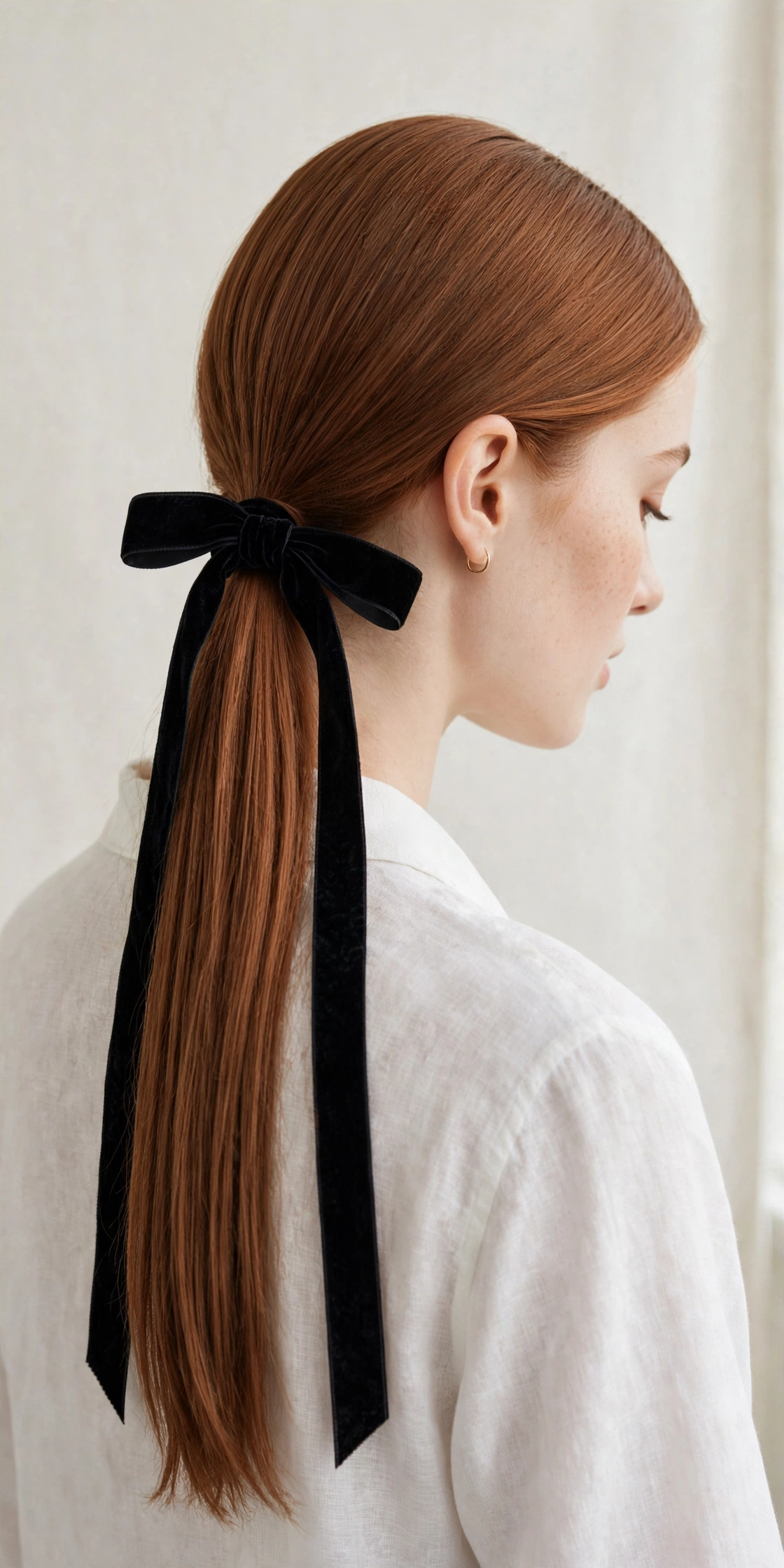Low ponytail tied with a silk ribbon bow, a romantic ponytail hairstyle idea