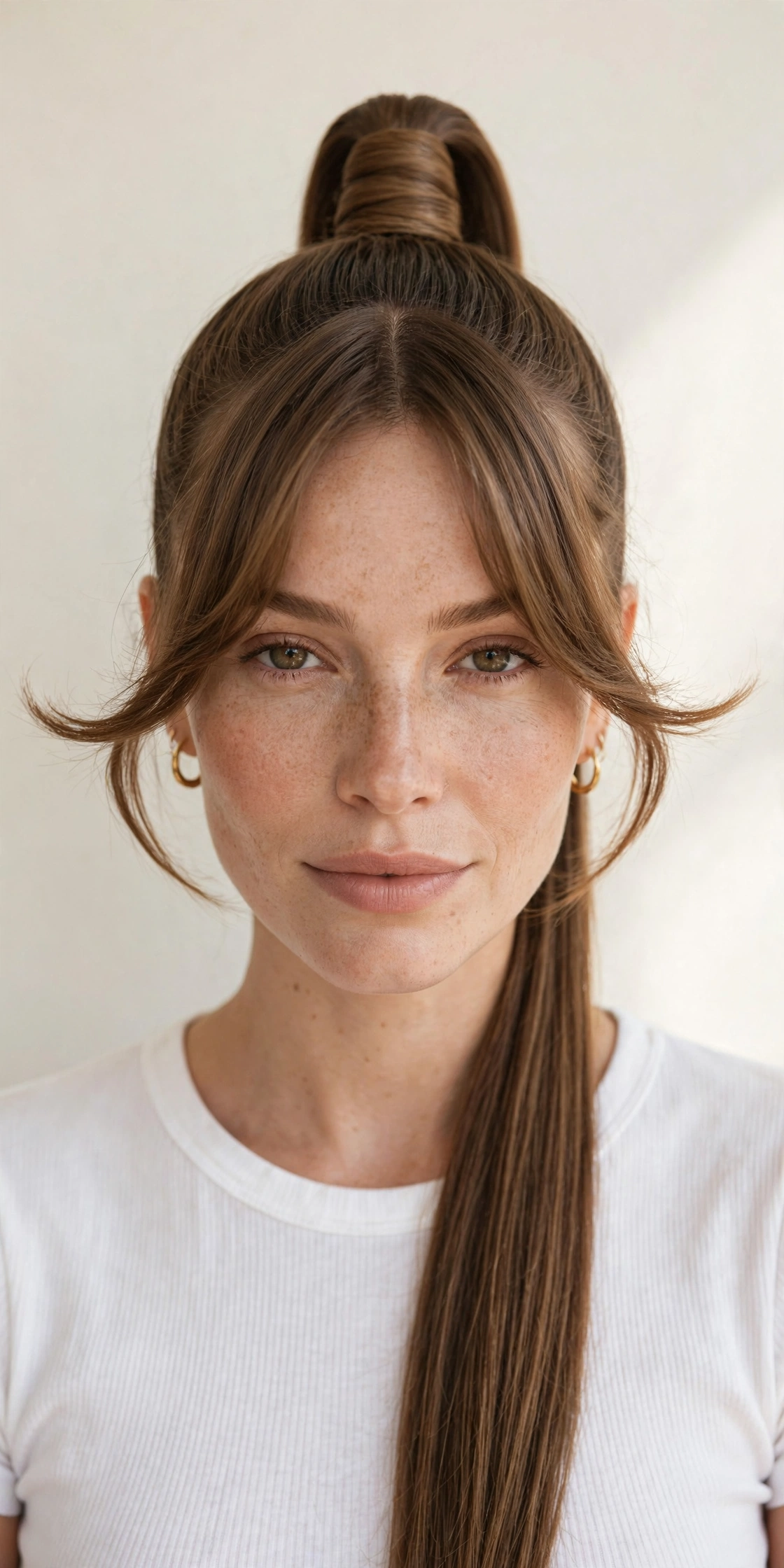 High ponytail paired with soft curtain bangs framing the face, a chic ponytail hairstyle idea