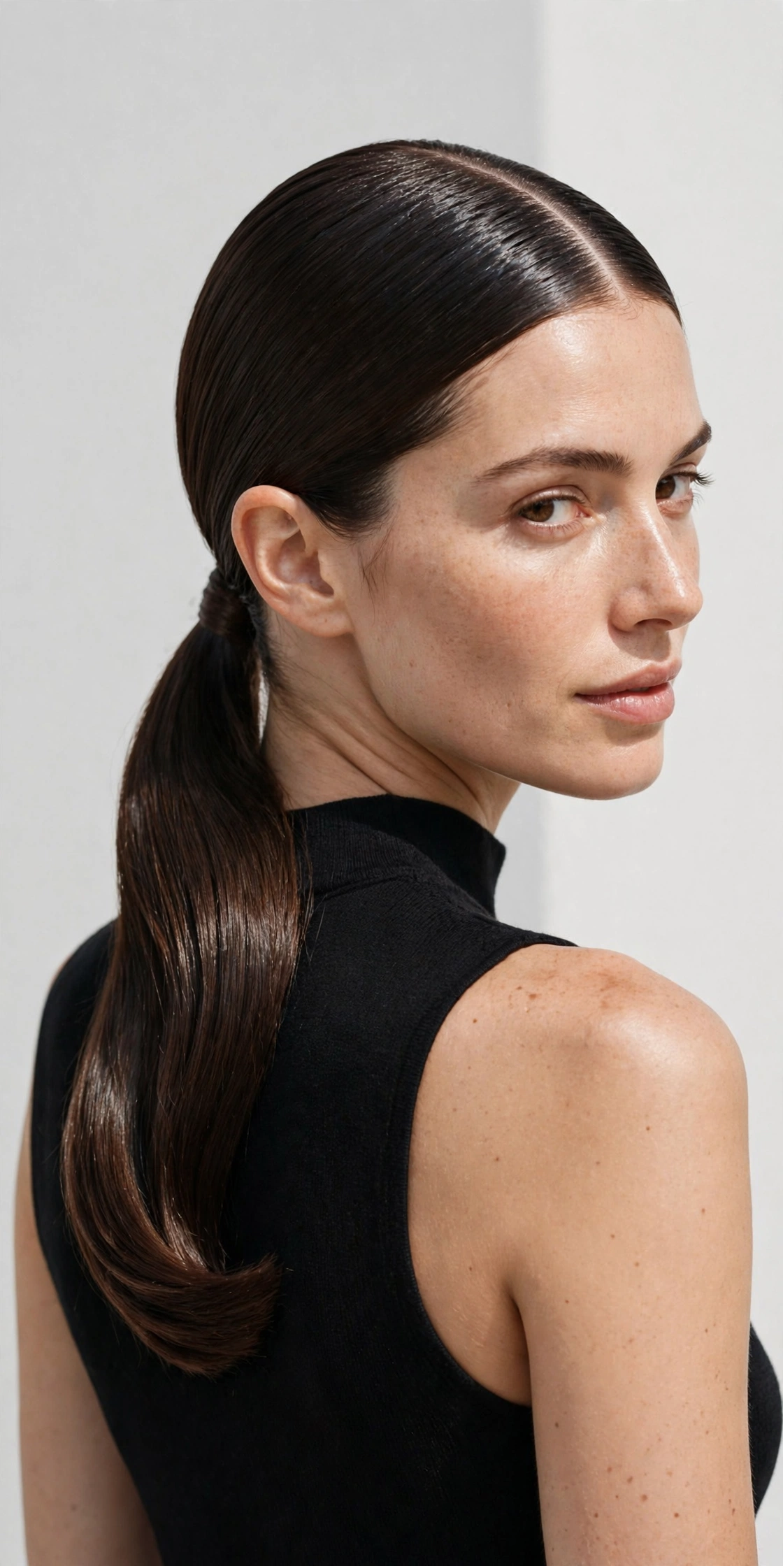 Sleek middle-part low ponytail with glass-like shine, a minimalist ponytail hairstyle idea