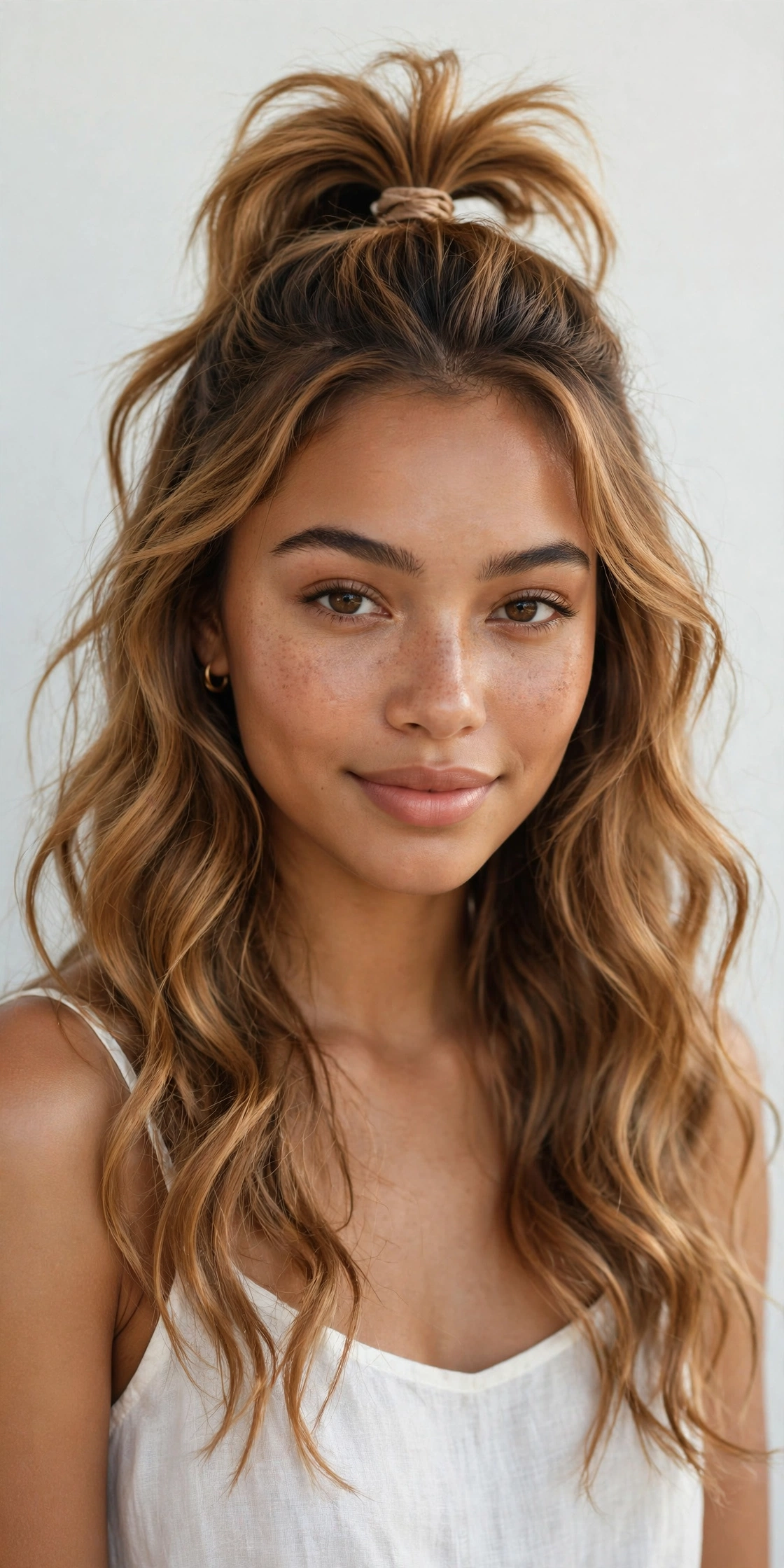 Half-up ponytail with lifted crown volume, a pretty ponytail hairstyle idea