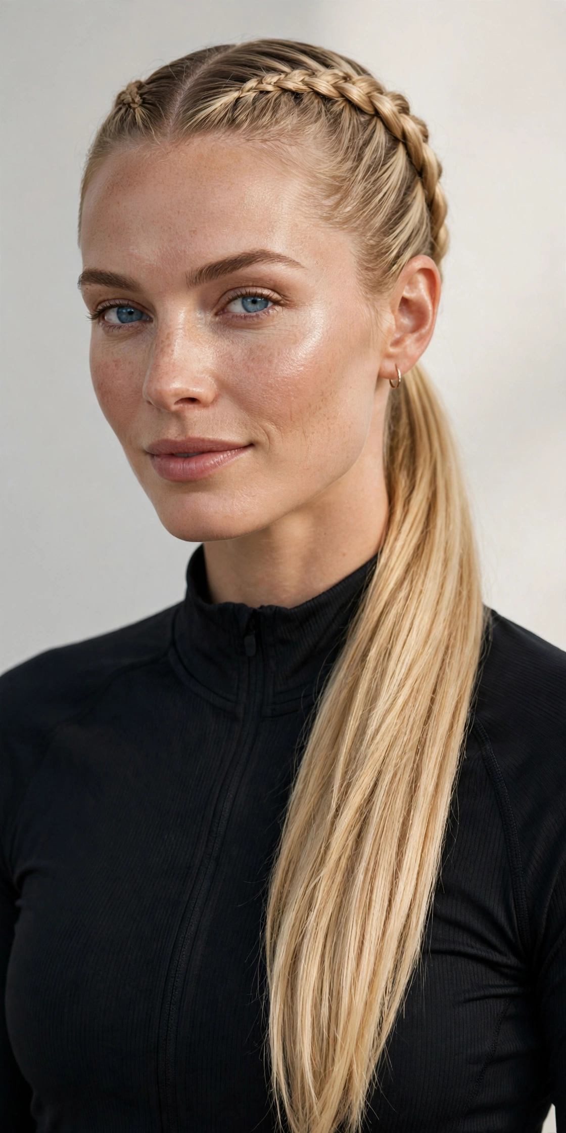 French braid flowing into a sleek ponytail, a sporty polished ponytail hairstyle idea