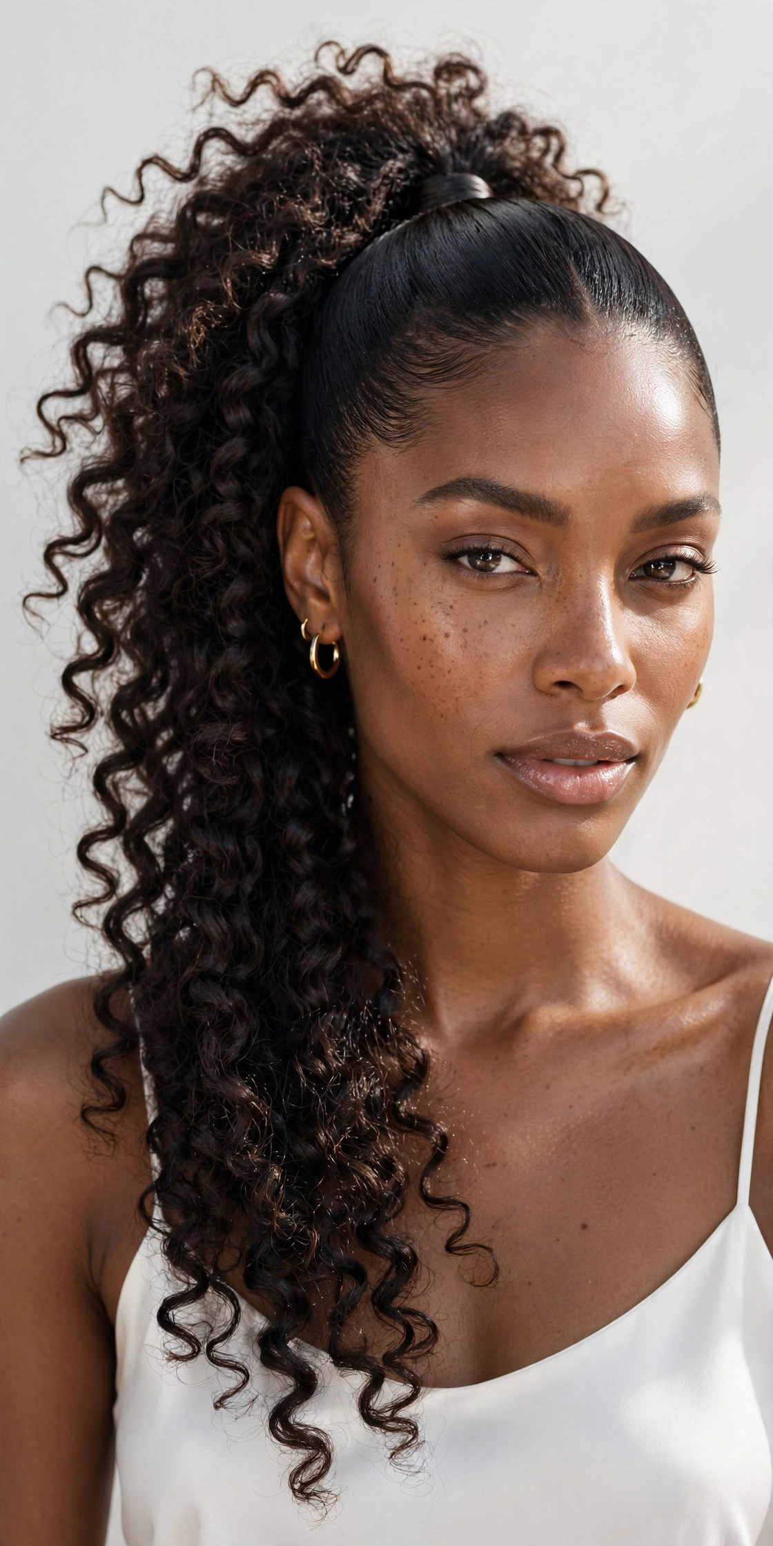 High ponytail with bouncy defined curls, a glamorous ponytail hairstyle idea