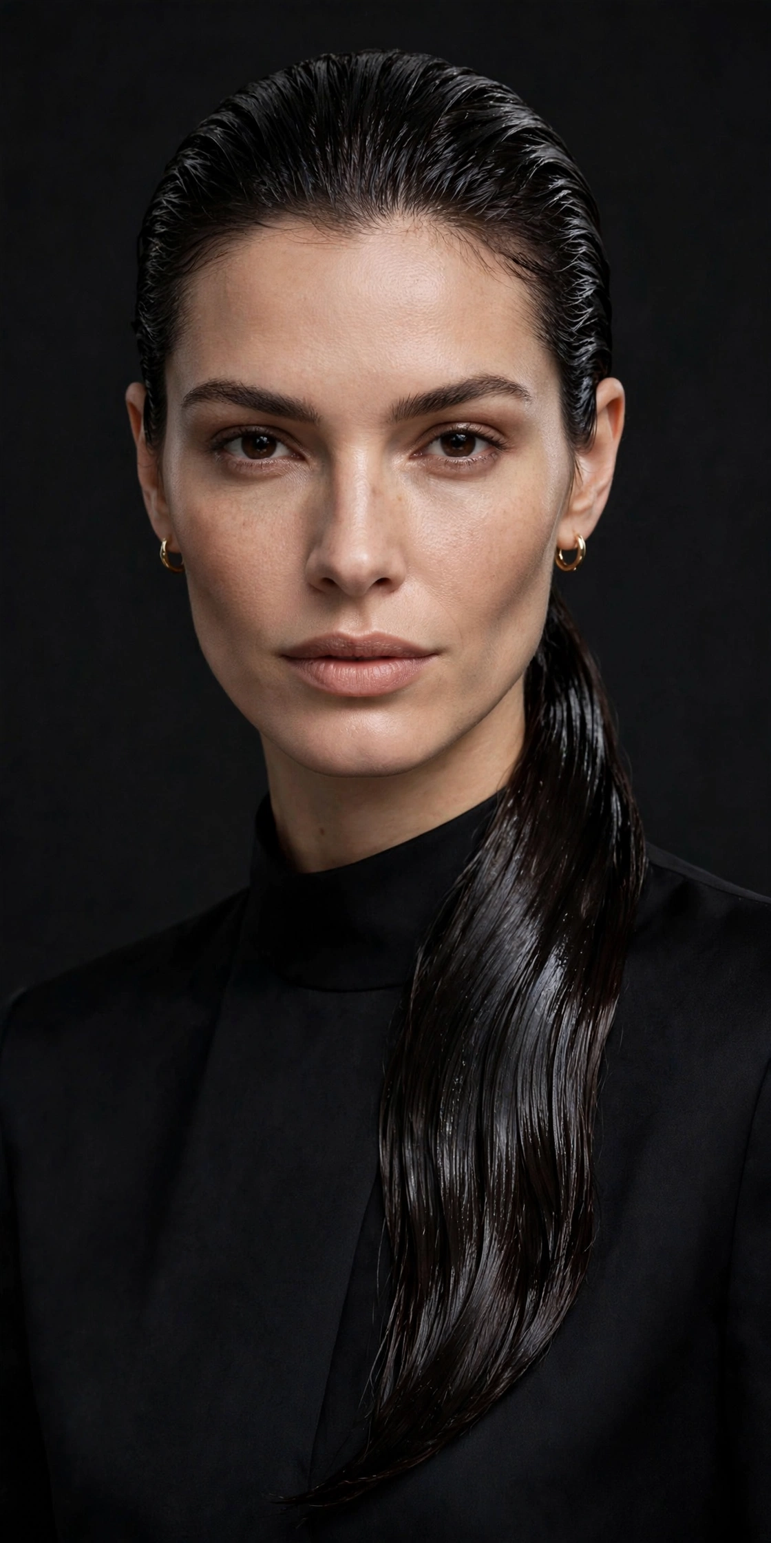 Slicked-back wet-look ponytail with glossy finish, an edgy ponytail hairstyle idea