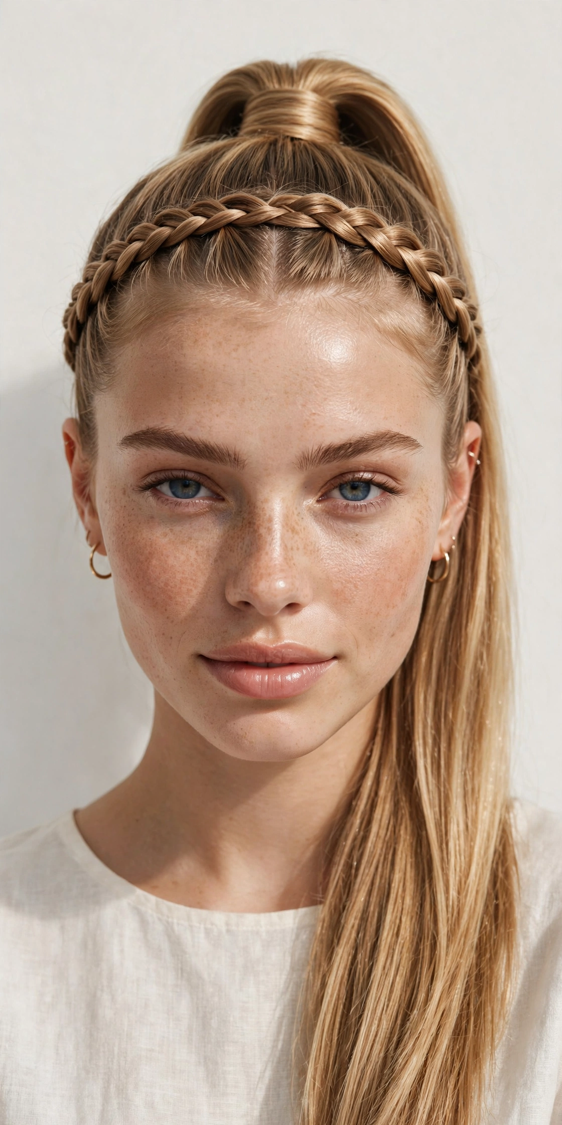 High ponytail with a braided crown detail, a statement ponytail hairstyle idea