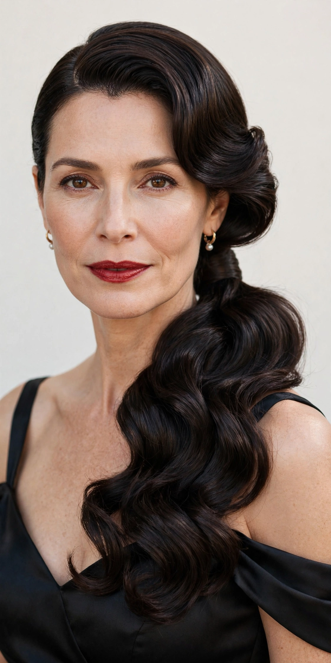 Side-swept glamorous ponytail with voluminous waves, a red-carpet ponytail hairstyle idea