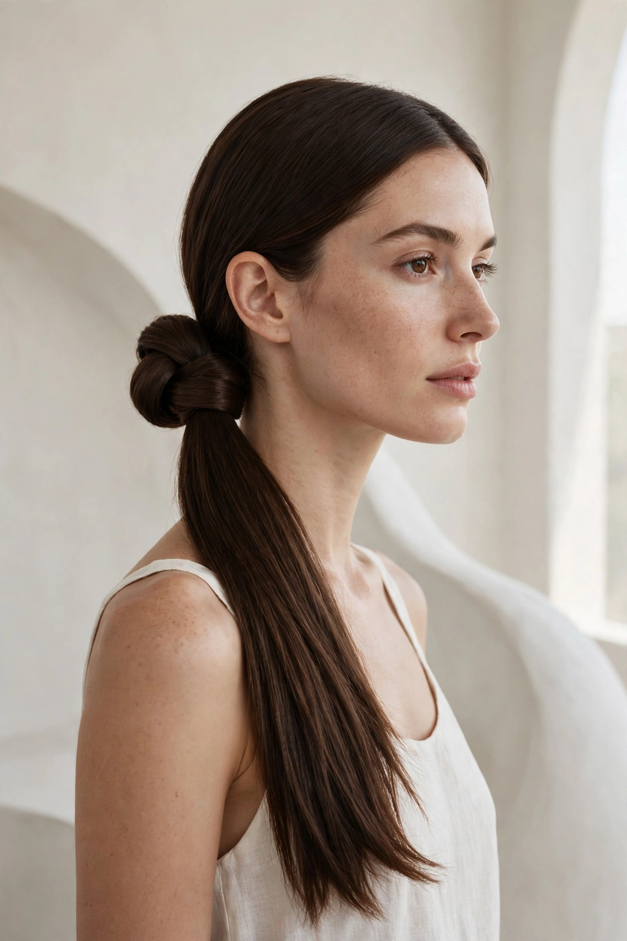 Low knotted ponytail with a chic hair knot detail, a modern ponytail hairstyle idea