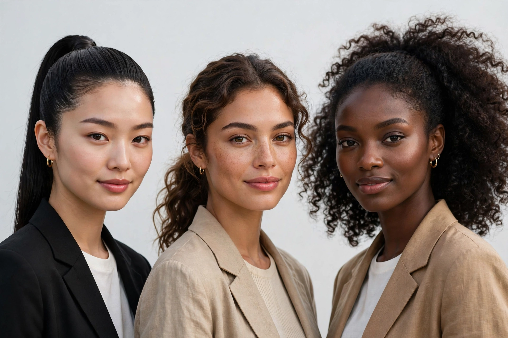 Three women showing polished ponytail hairstyle ideas, from sleek high to soft low ponytails