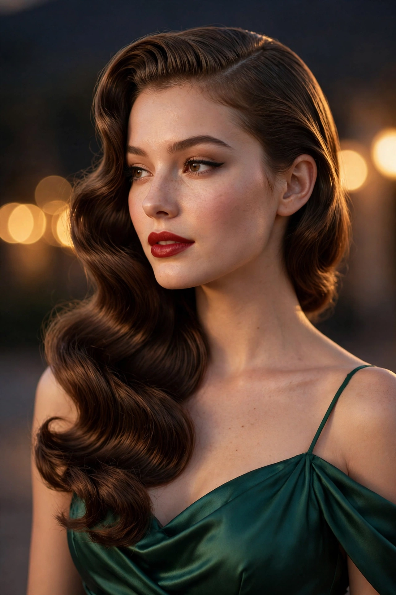 Young Latina woman with classic Hollywood glam waves, a timeless prom hairstyle idea