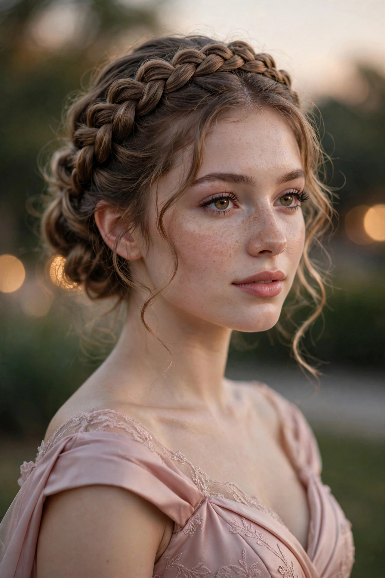 Young woman with braided crown updo, a royal prom hairstyle idea
