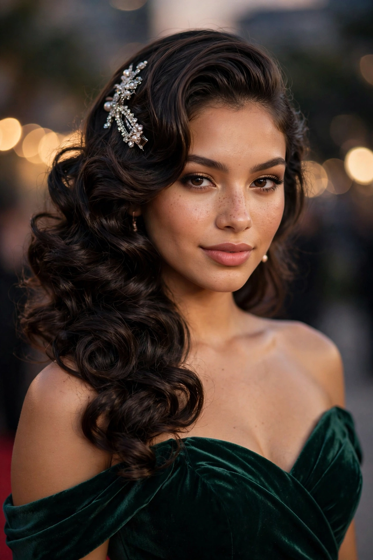 Young Latina woman with side-swept glam curls and jewel clip, a stunning prom hairstyle idea