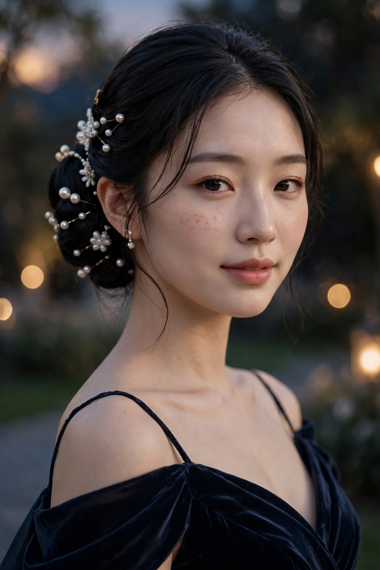 Young East Asian woman with low pearl chignon, an elegant prom hairstyle idea