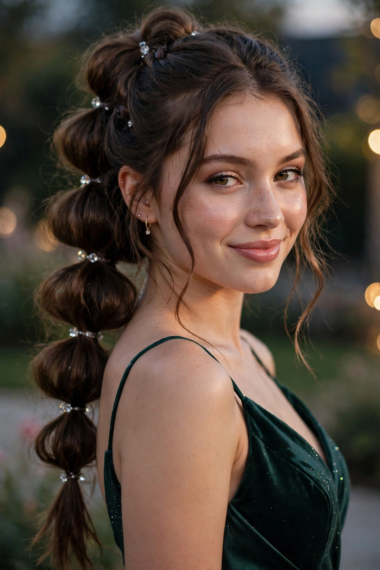 Young woman with bubble braid ponytail, a playful prom hairstyle idea