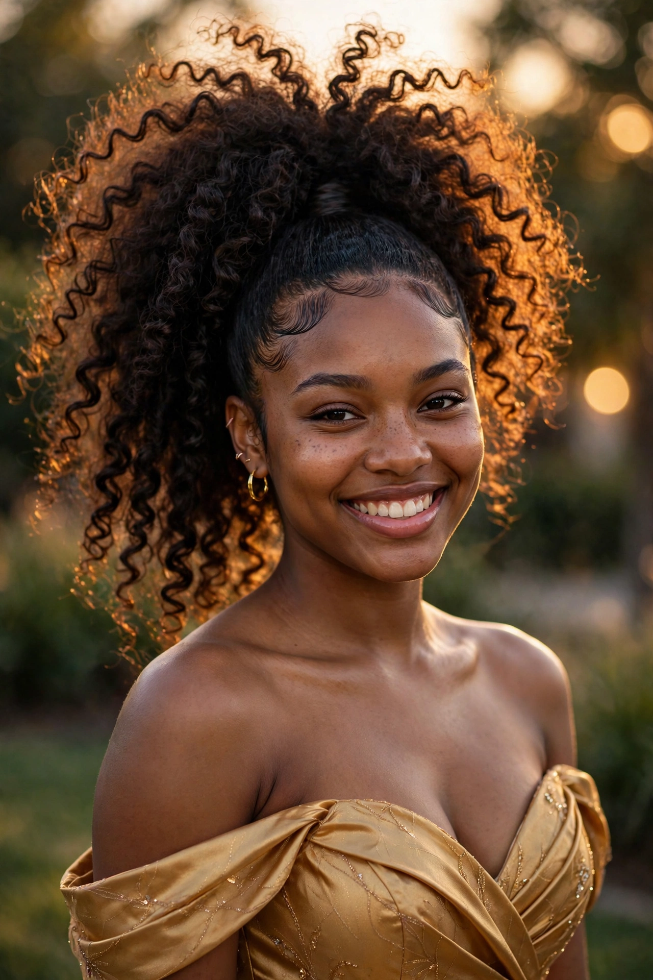 Young Black woman with voluminous curly high ponytail, a bold prom hairstyle idea