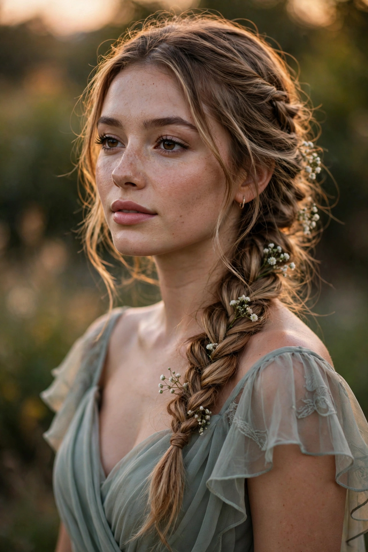 Young woman with boho fishtail braid and baby's breath, a dreamy prom hairstyle idea
