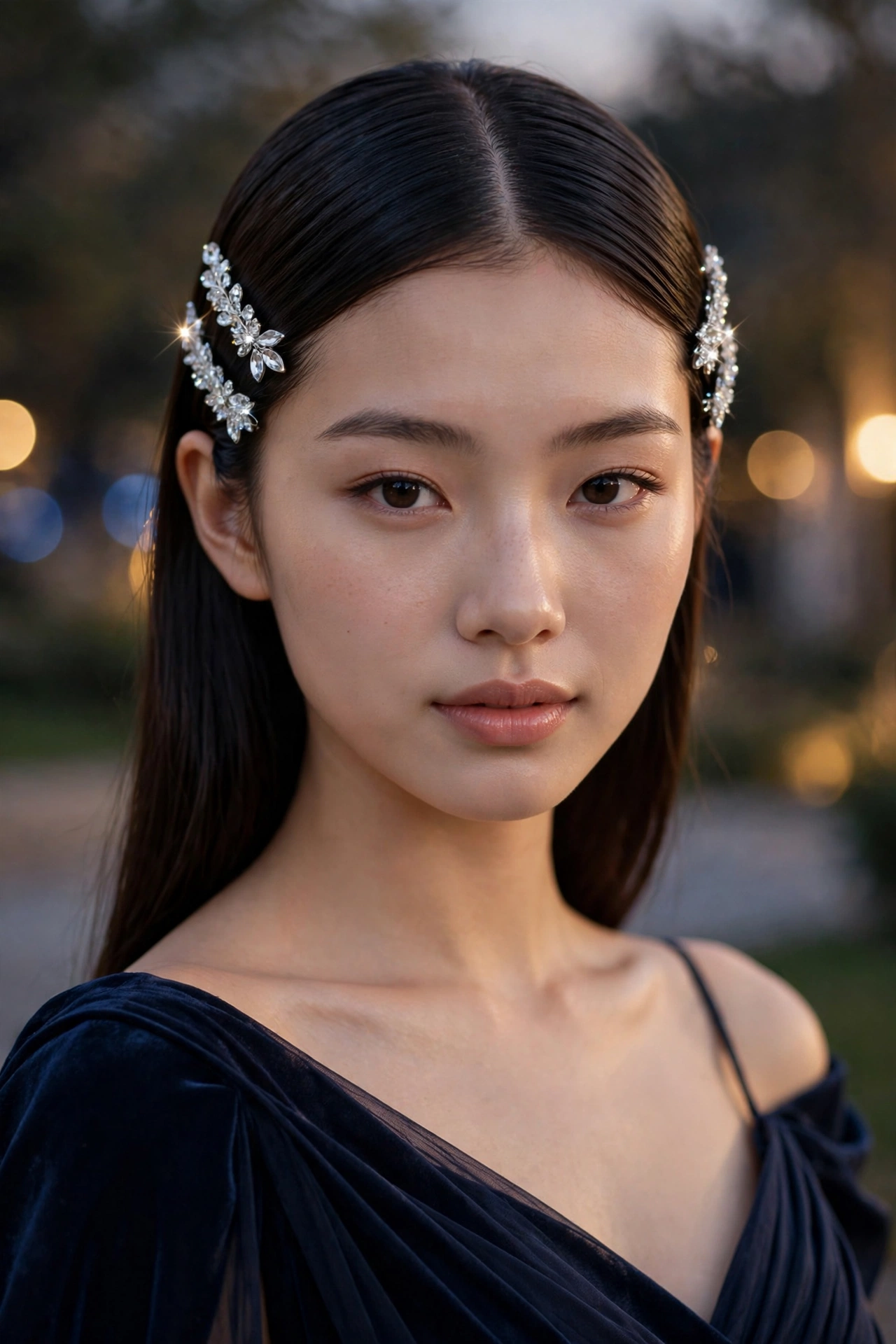 Young woman with glass-hair straight style and crystal barrettes, a modern prom hairstyle idea