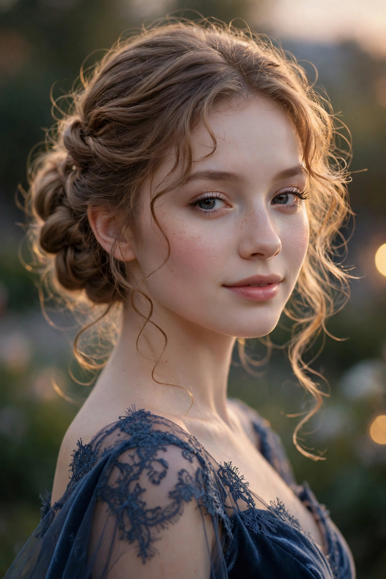Young woman with romantic twisted low bun, a fairytale prom hairstyle idea