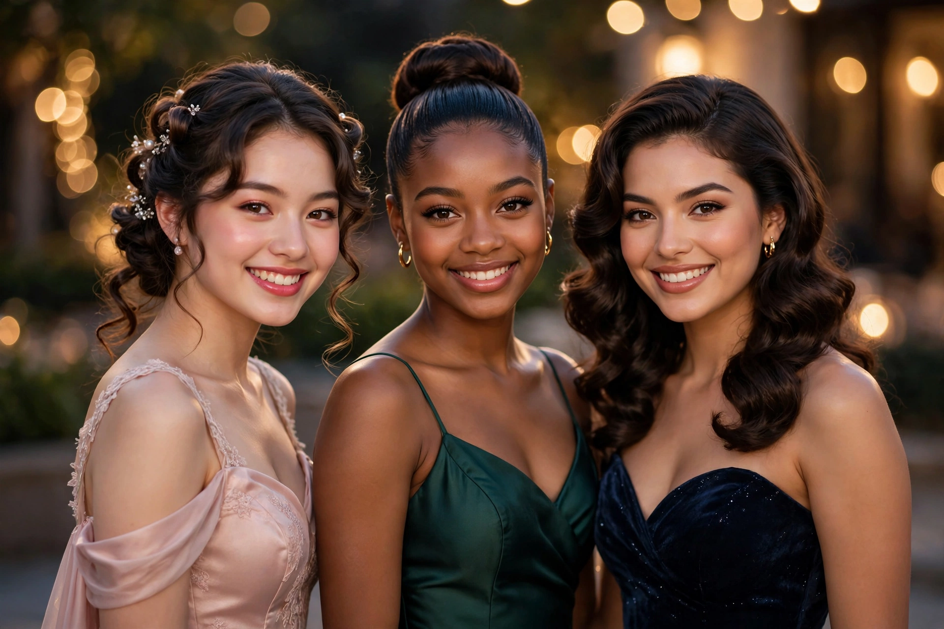 Group of young women with elegant prom hairstyle ideas at an evening event