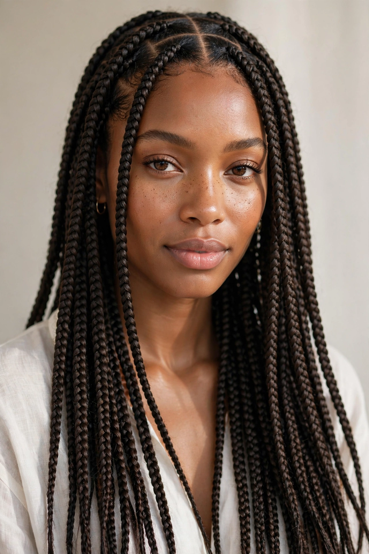 Woman with classic box braids, one of the best protective hairstyles for natural hair