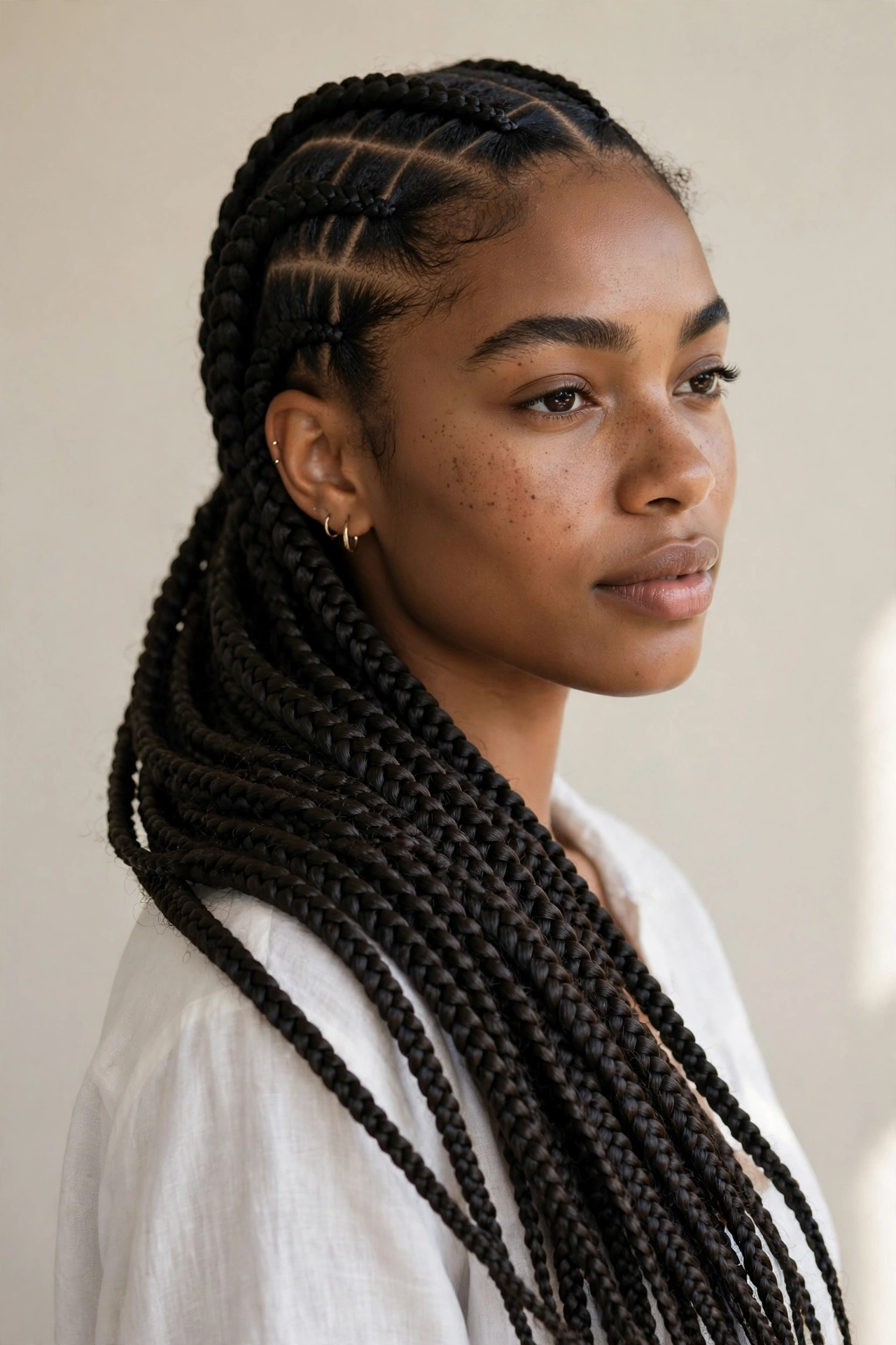 Woman with knotless box braids, a gentle protective hairstyle for natural hair