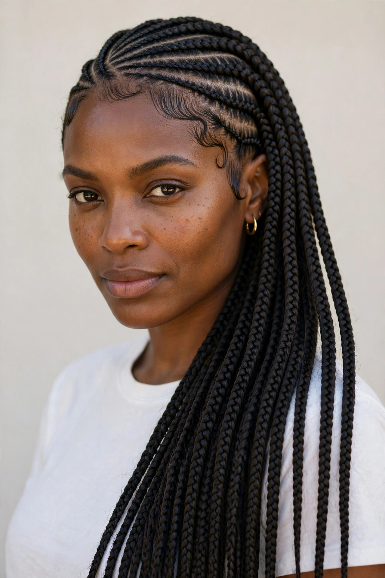 Woman with lemonade braids swept to one side, a stylish protective hairstyle