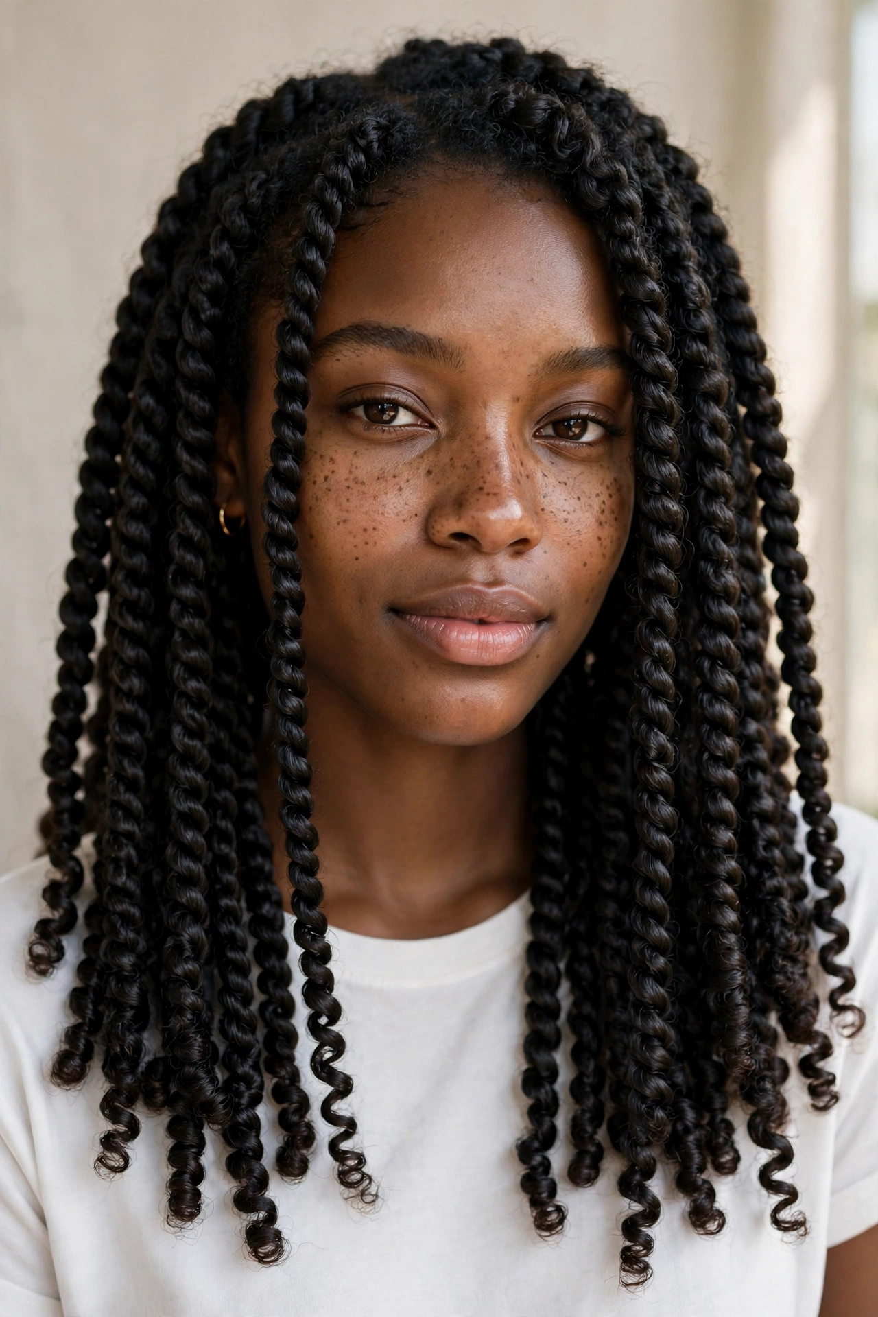 Woman with two-strand twists, a natural protective hairstyle for natural hair