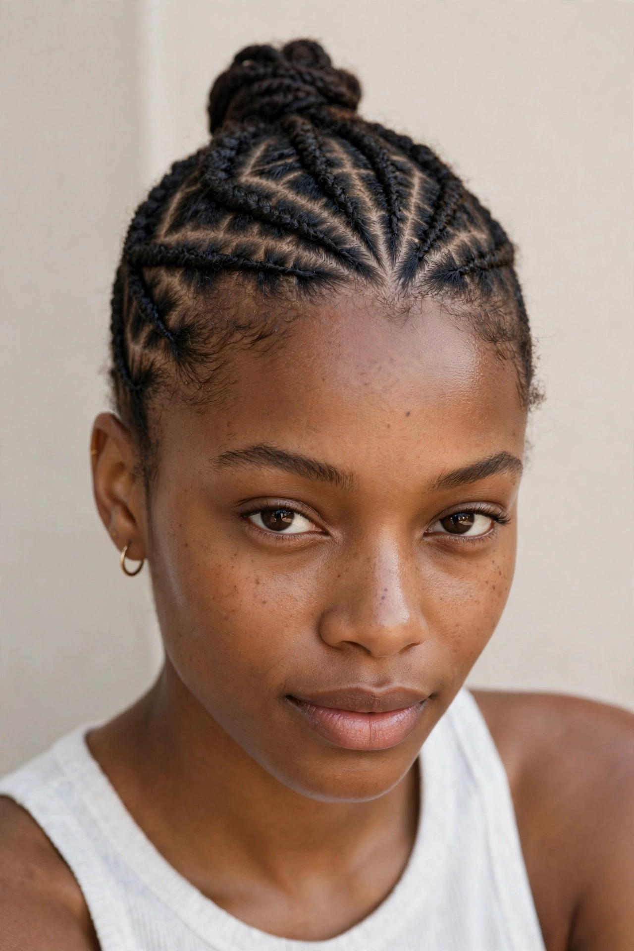 Woman with flat twists in a geometric pattern, a chic protective hairstyle