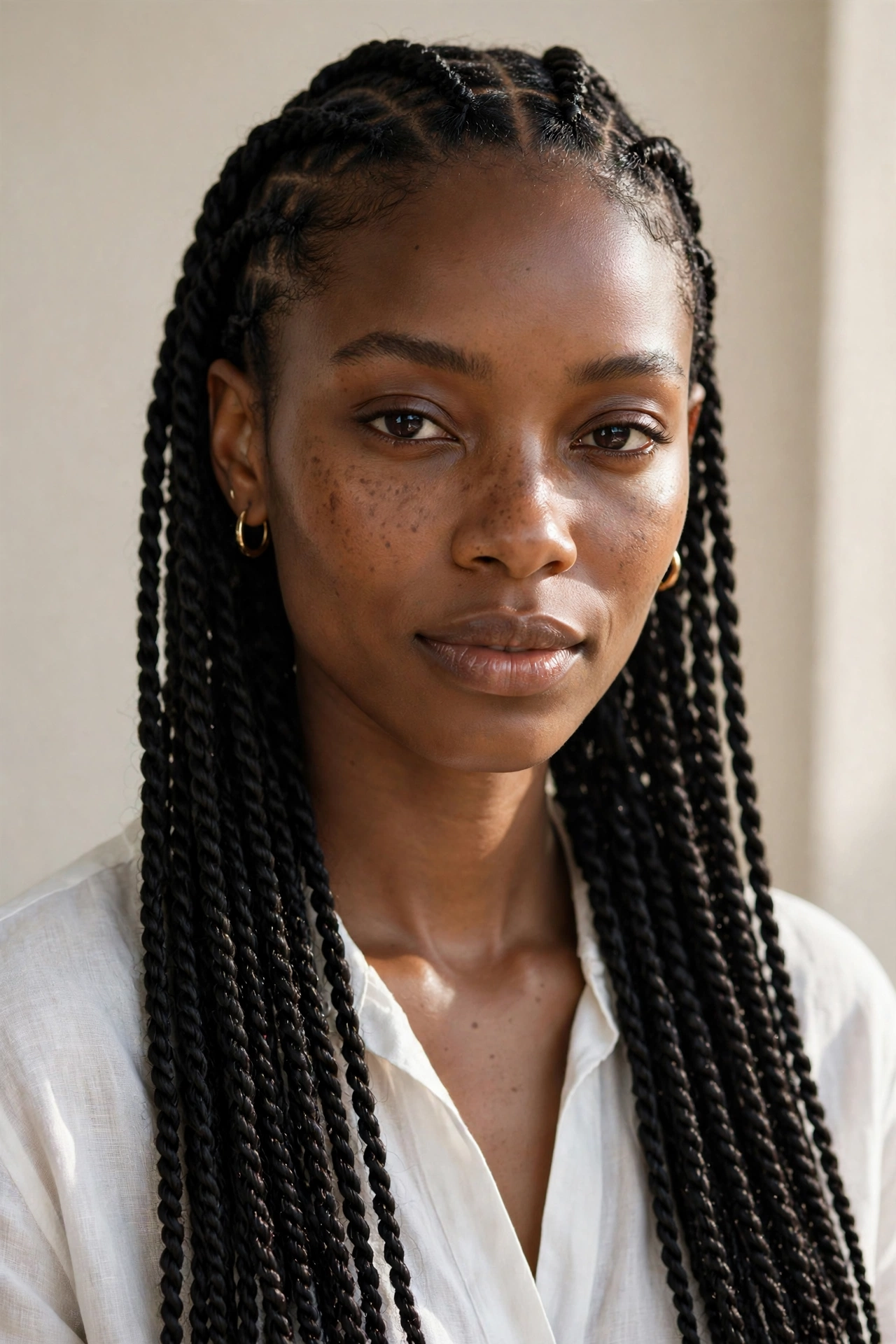 Woman with Senegalese twists, a sleek protective hairstyle for natural hair
