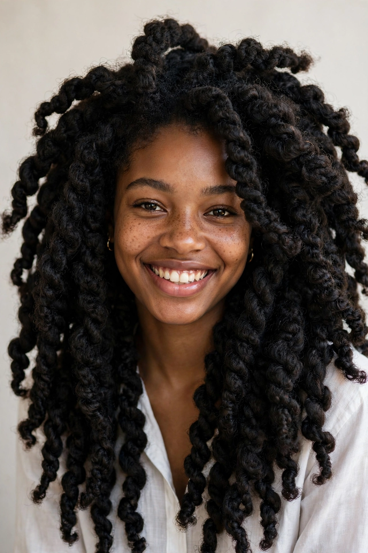 Woman with voluminous Marley twists, a textured protective hairstyle