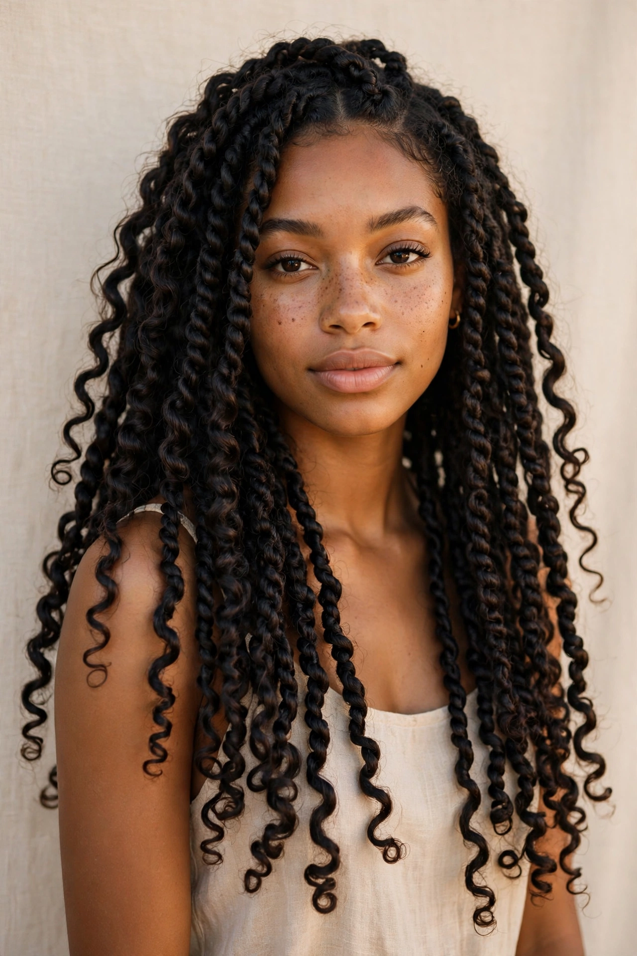 Woman with bouncy passion twists, a boho protective hairstyle