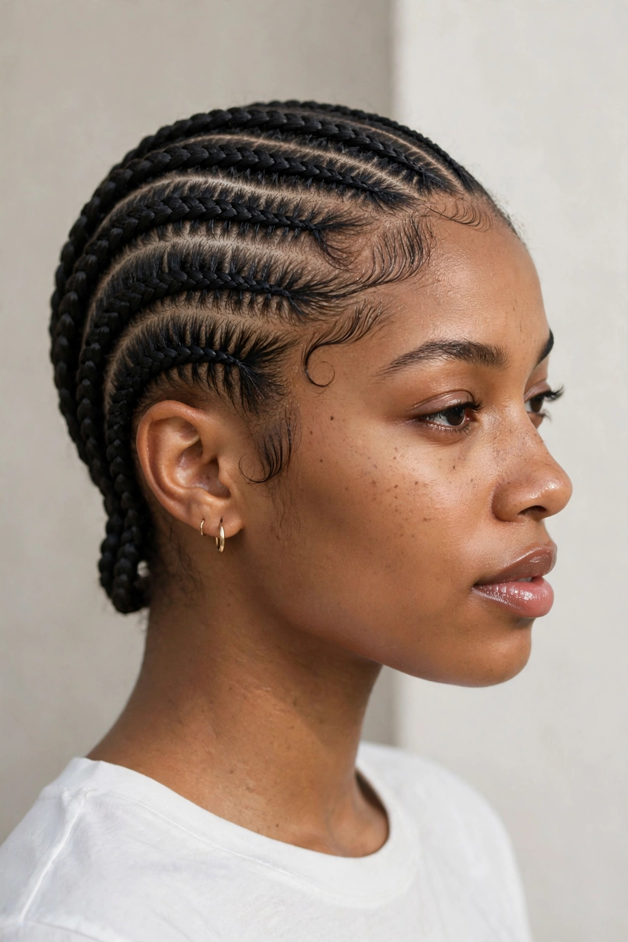 Woman with straight-back cornrows, a classic protective hairstyle