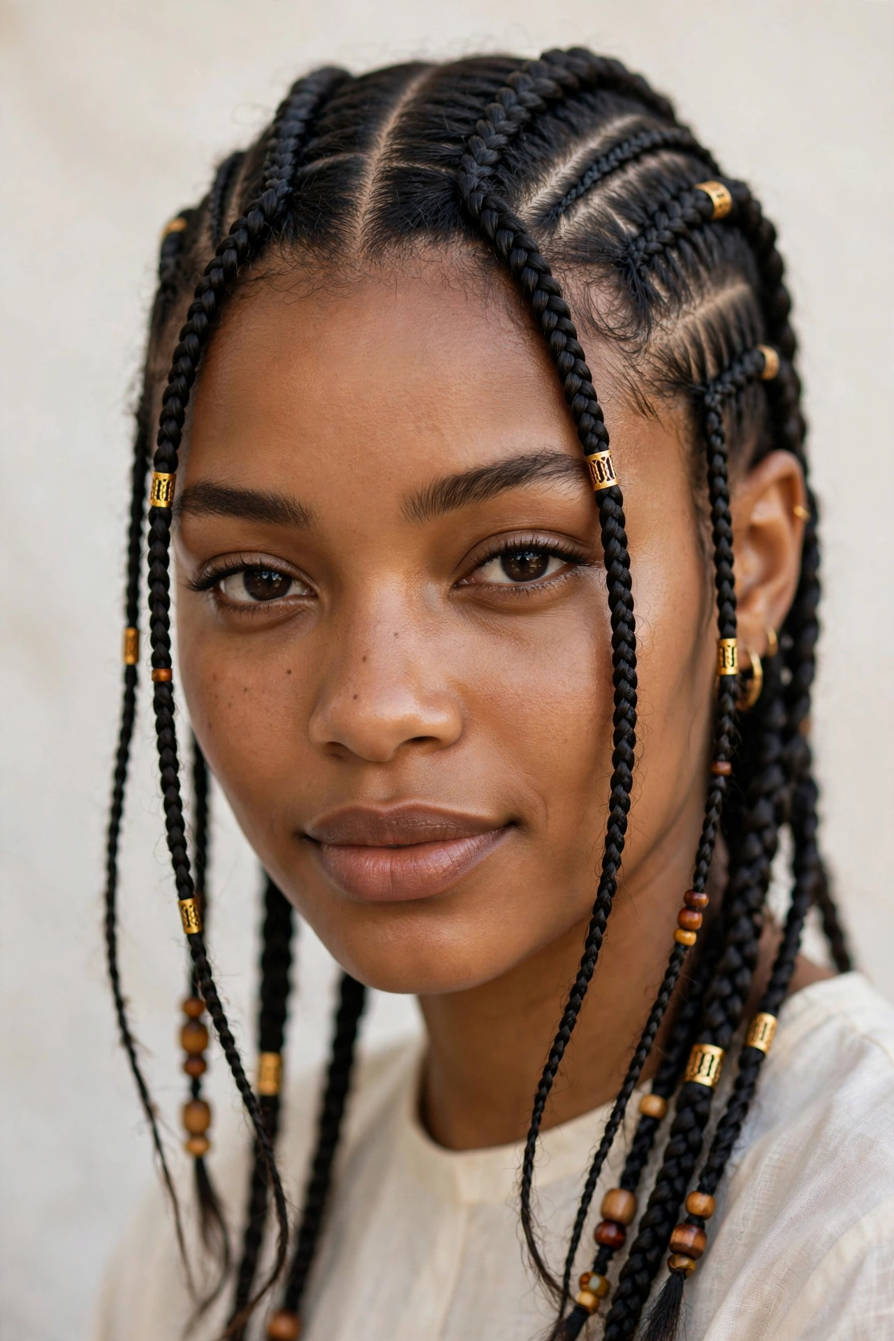 Woman with Fulani braids and gold beads, a decorative protective hairstyle