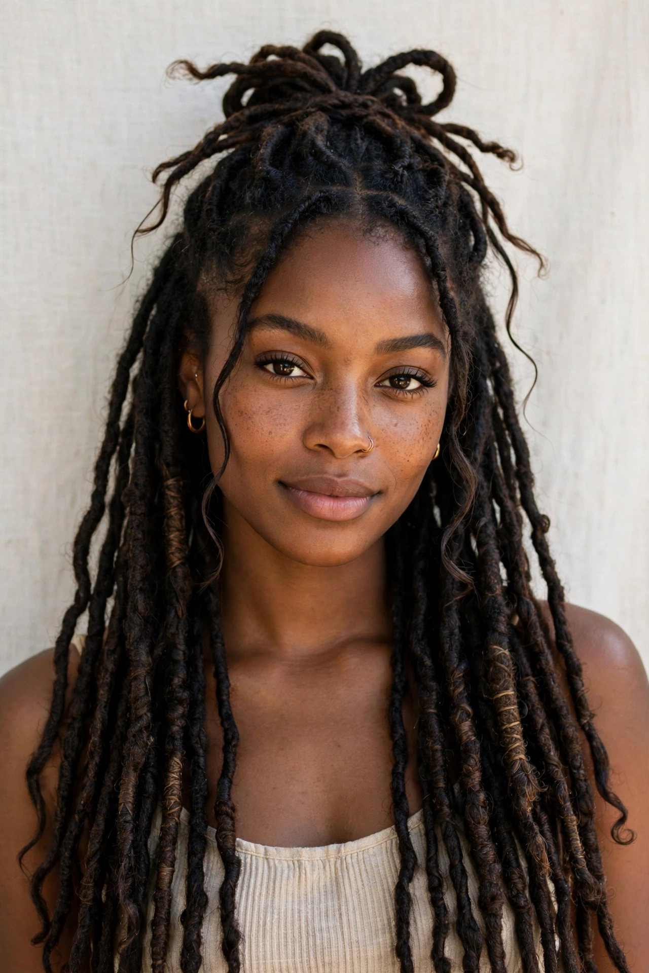 Woman with long faux locs, a bold protective hairstyle for natural hair