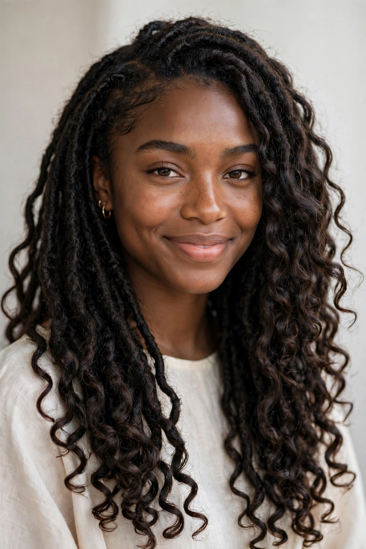Woman with goddess locs with wavy ends, a romantic protective hairstyle