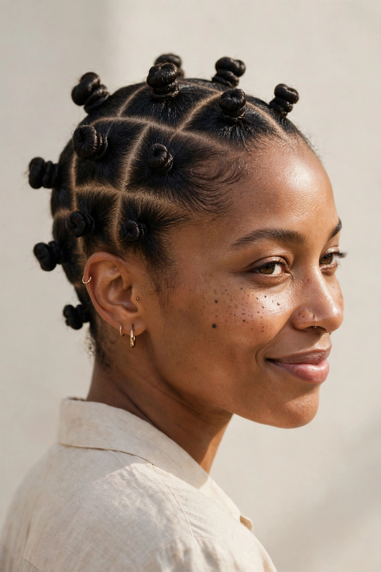 Woman with bantu knots, a chic protective hairstyle for natural hair