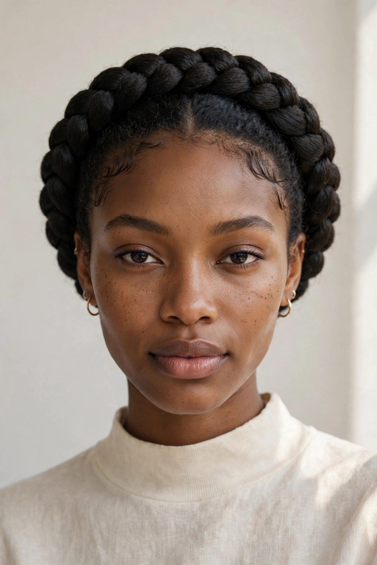 Woman with halo crown braid, an elegant protective hairstyle