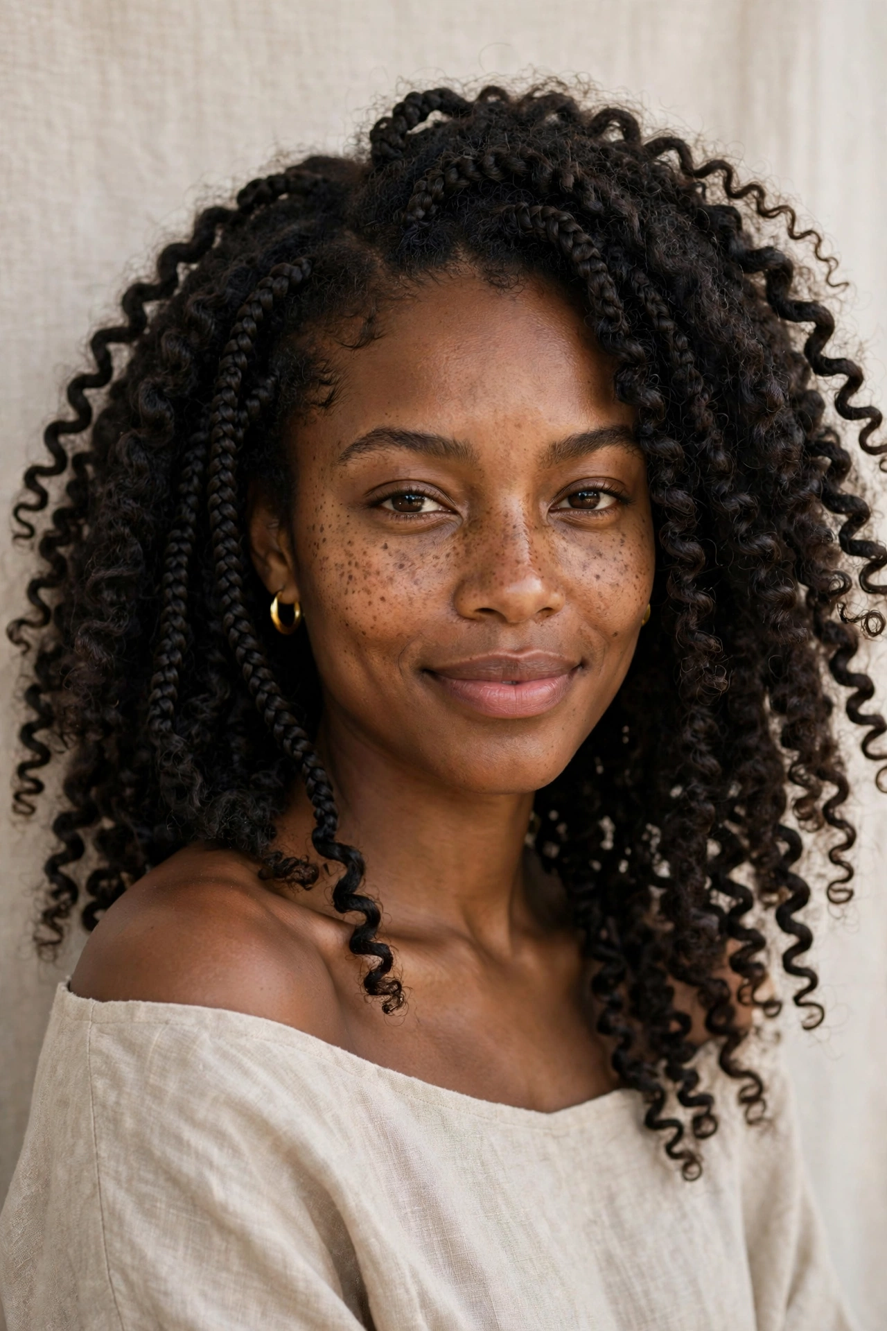 Woman with curly crochet braids, a quick protective hairstyle for natural hair