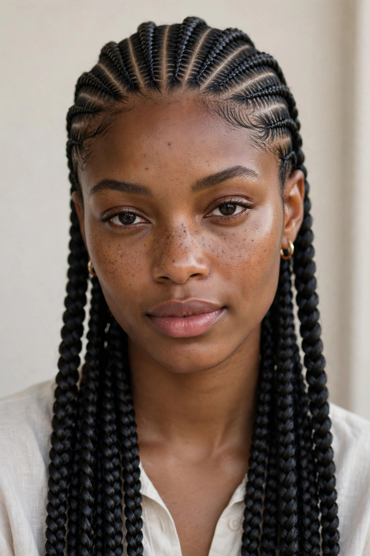 Woman with feed-in stitch braids, a precise protective hairstyle