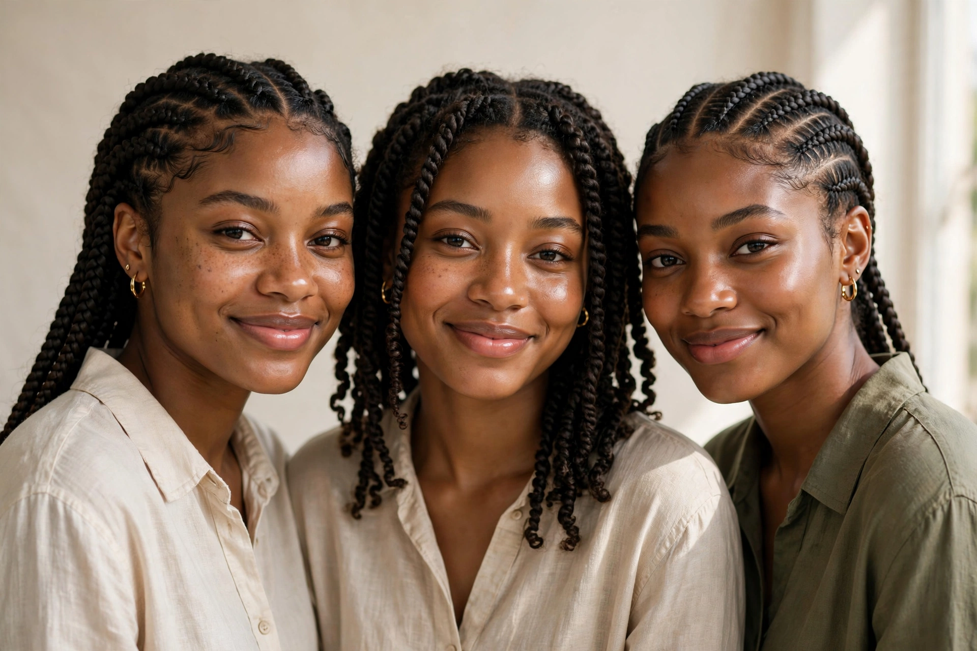 Three Black women with box braids, two-strand twists and cornrows — beautiful protective hairstyles for natural hair