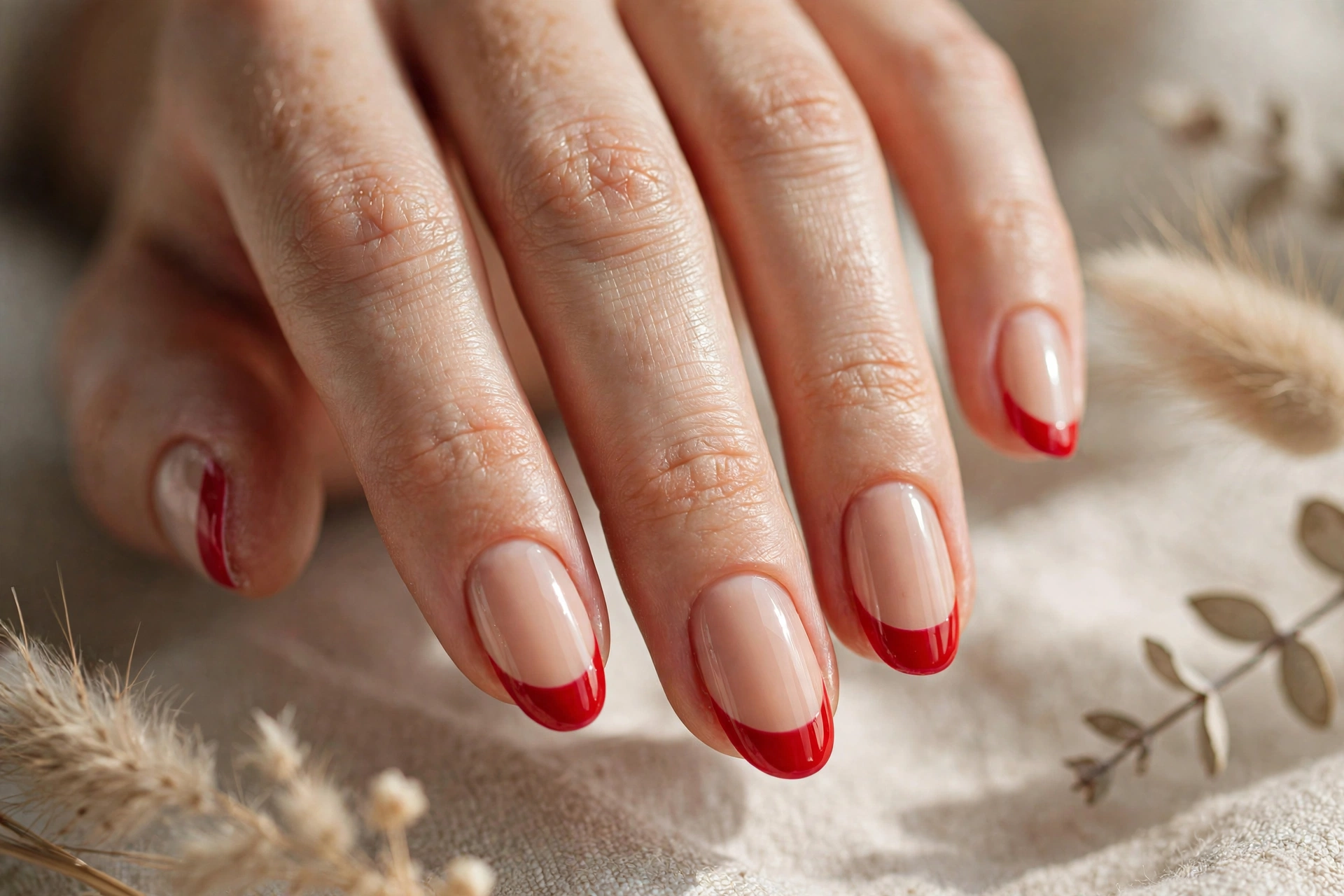 Red French tip nail designs with nude base and bold red tips