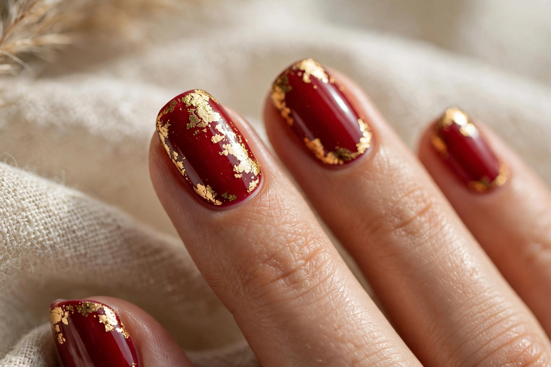Red nail designs with gold foil accents glamorous festive manicure